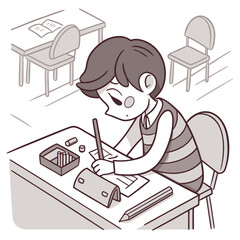 A young student diligently works on an assignment at a desk in a classroom setting with other empty desks