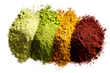 Four piles of colorful powders, light and airy, layered and piled high, against a dark background