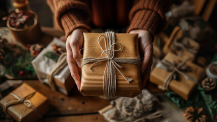  Giving eco-friendly present wrapped in kraft paper and twine