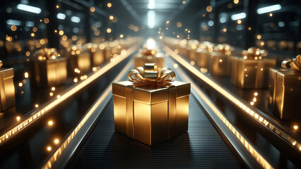 Golden Christmas Gift Boxes on Conveyor Belt with Sparkling Lights