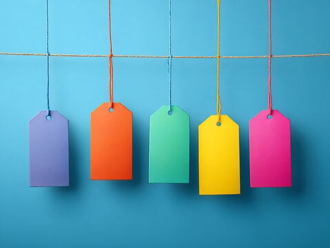 Five colorful blank price tags hanging on a string against a blue background