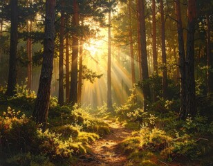 Obraz premium Sunlight streams through a dense forest, illuminating a pathway through the trees with golden rays.