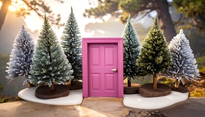 Pink door in a winter forest scene