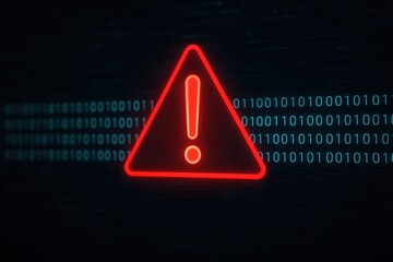 Warning Sign in Red Triangle Overlaid on Digital Background with Binary Code Representing Cybersecurity Alert or System Error