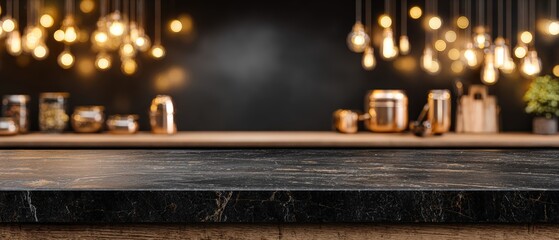 Obraz premium Elegant modern kitchen countertop with warm pendant lights hanging above, stylish jars and containers, cozy home cooking space