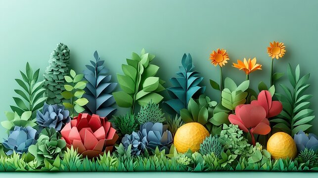 Colorful paper garden with flowers leaves and fruits intricate folded origami plants creative decorative art vibrant handmade nature inspired paper craft arrangement