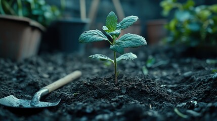 Young plant in dark soil, gardening tools