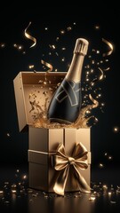 Luxurious Golden Champagne Bottle Bursting from Gift Box with Sparkles
