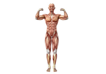 Anatomical illustration of a muscular male figure flexing biceps isolated on transparent background