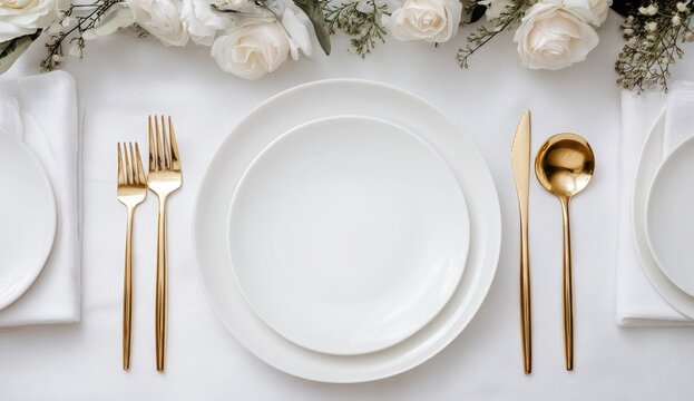 Elegant white table setting with gold flatware