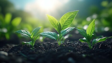 Young shoots emerging from dark soil, bathed in sunlight