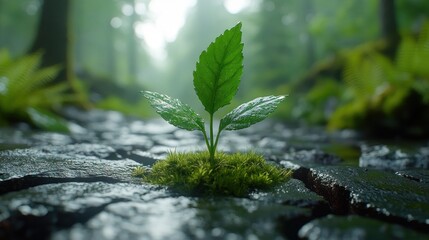 Young sprout amidst mossy stones in forest