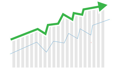 Green upward trending graph with bars isolated on transparent background