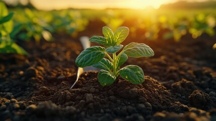 Young sprout emerging from dark soil at sunset