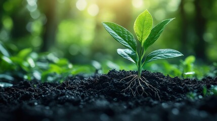 Young sprout emerging from dark soil, bathed in sunlight