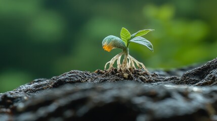 Young sprout emerging from dark soil, vibrant green leaves, subtle light