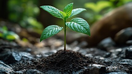 Young sprout emerging from rich soil