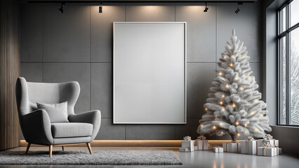 Minimalist Room with Christmas Tree and Large Wall Poster Mockup