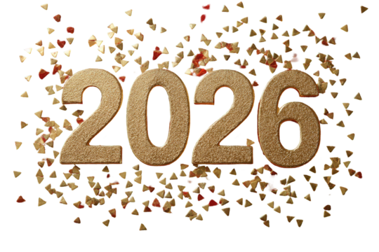 Gold 2026 numerals, confetti background