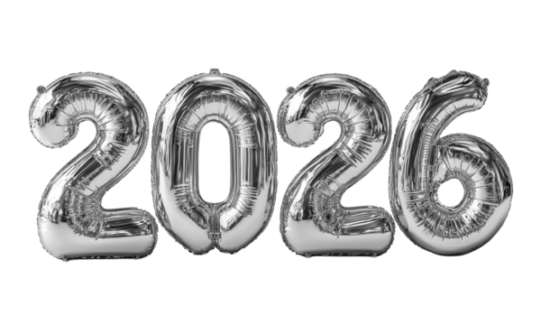 Silver balloons forming the year 2026 on black background isolated on a transparent background