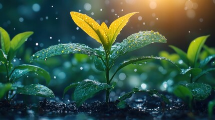 Young plants sprout in rain; vibrant, wet leaves