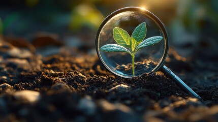 Young sprout magnified by magnifying glass in soil (1)