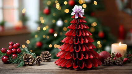 Red paper Christmas tree with candle and festive decorations