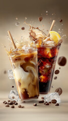 Refreshing iced coffee and cola with ice cubes and splashes
