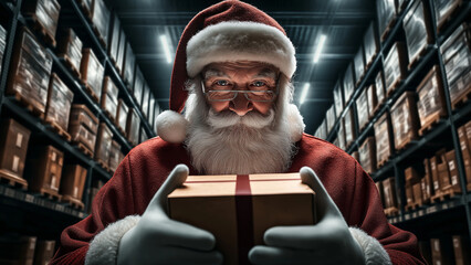 Santa Claus in a Shipping Warehouse with a Cardboard Box