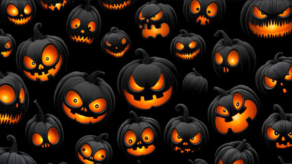 Seamless Halloween pattern of spooky glowing pumpkins on black background