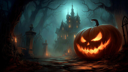 Spooky Halloween pumpkin in front of haunted house at night