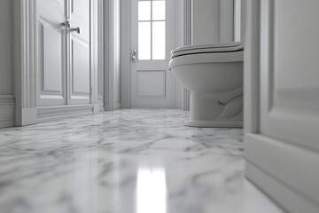 Elegant bathroom with marble flooring. White toilet and doorway detail. Clean, modern design