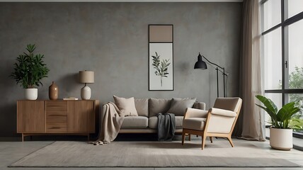 Cozy living room interior with comfortable sofa, armchair, wooden cabinet, plants, lamp, and picture frame against a gray wall in a modern home