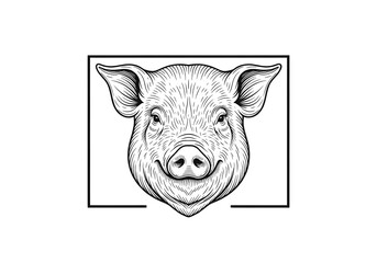 Fototapeta premium Detailed Illustration of a Happy Pig Head in Black and White