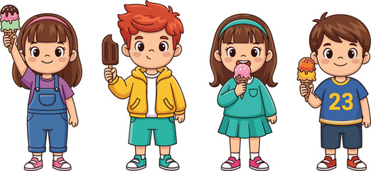 Cartoon children eating ice cream, summer treat, happy kids, colorful illustration, dessert fun, playful characters, joyful moment, sweet snack, cheerful scene
