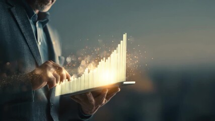 Economist analyzing financial forecast hologram while holding tablet in modern urban setting during nighttime - Powered by Adobe