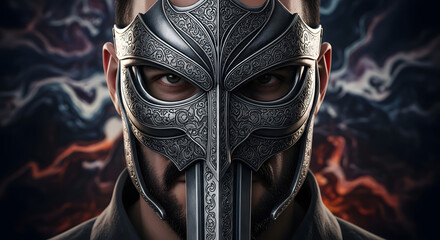 Mysterious Warrior with Ornate Mask and Sword - Fantasy Portrait