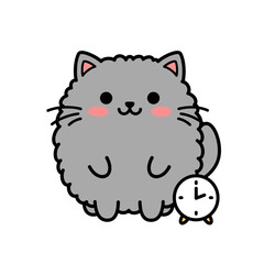 Fototapeta premium Grey fluffy kitten with tiny alarm clock