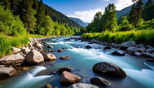 Serene mountain river flowing through lush green valley