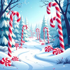 Fototapeta premium Whimsical Winter Wonderland with Giant Candy Canes and Peppermint Candies.