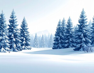 Winter wonderland scene with snow covered pine trees and white sky.
