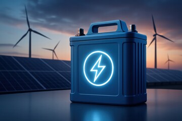 A striking blue energy storage battery illuminated against a backdrop of wind turbines and solar panels, symbolizing sustainable power solutions and renewable energy future.