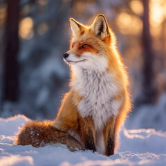 Obraz premium Beautiful red fox resting in snowy forest sunlight