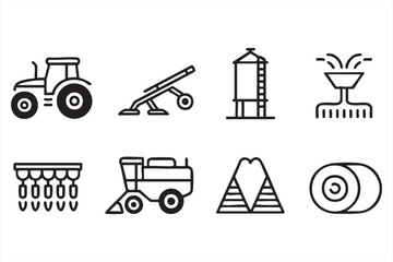 Farm machinery line icons set with tractor, plow and harvester