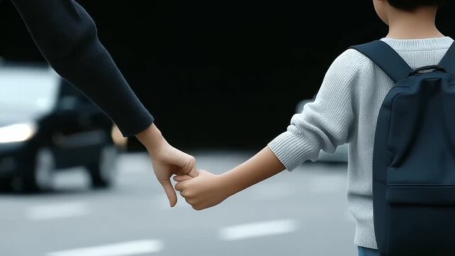 A 5 year old holds a parent&rsquo;s hand at a school drop off zone with cars lining up kids hugging goodbye and a teacher directing traffic shown in a heartfelt photo with hand clasps