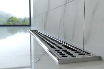 Modern shower Sleek metal drain against white marble. Window view of green hills