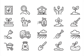Fototapeta premium Fertilizer, seedling and soil cultivation icons in linear vector style