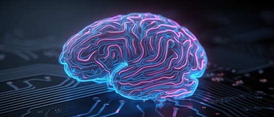 Futuristic neon glowing brain model with digital circuitry background representing artificial ligence and advanced technology concepts