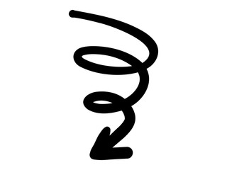 手描きのスムーズな黒いペンのくるくる矢印。螺旋。抑揚のあるダイナミックなシルエット。ベクター。背景透過。右回り。