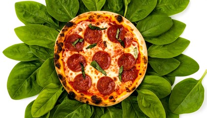 Pizza with fresh spinach leaves